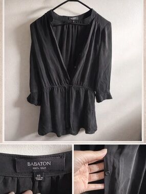 Babaton Black Silk V-Neck Peplum Top